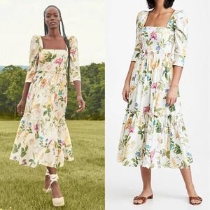 Cara Cara Blue Hill Cotton Poplin Floral Print Midi Dress in Hudson Ivory Size 4